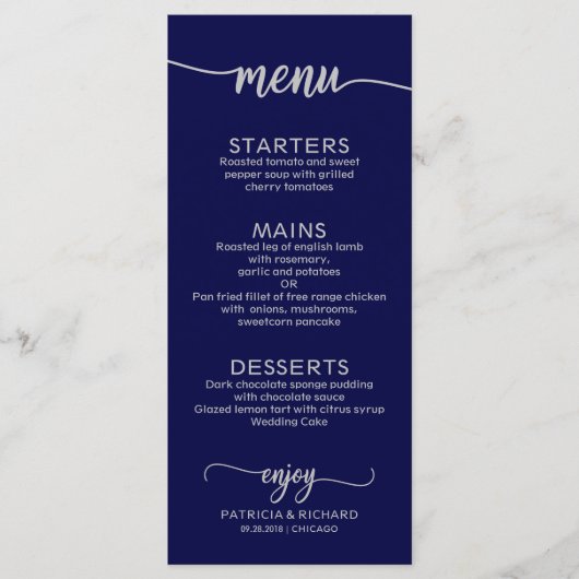 Bruiloft Menu Elegante kalligrafie Navy Blauw Zilv (Voorkant)