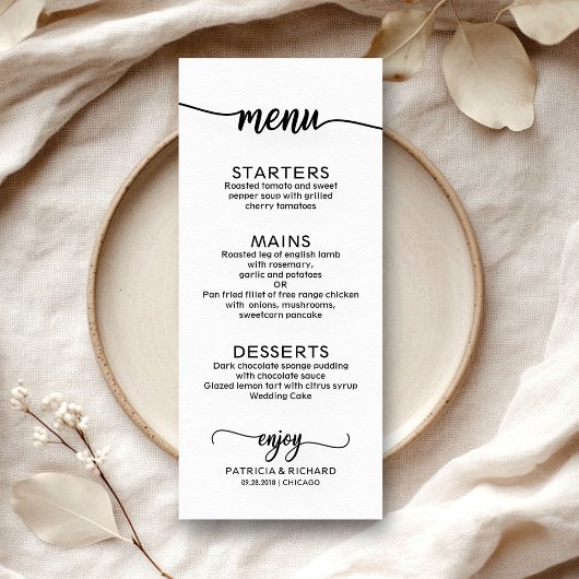 Bruiloft Menu Elegante Kalligrafie Zwart-wit
