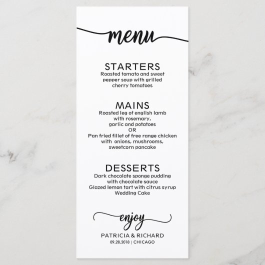 Bruiloft Menu Elegante Kalligrafie Zwart-wit (Voorkant)