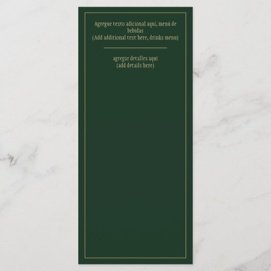 Bruiloft Menú Goud Groene Tweeklank Spaans Engels Menu (Achterkant)