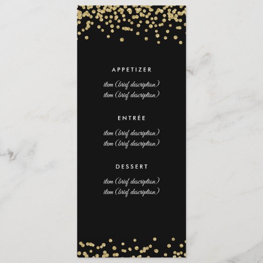 Bruiloft Menu Gouden Faux Glitter Confetti Zwart (Voorkant)