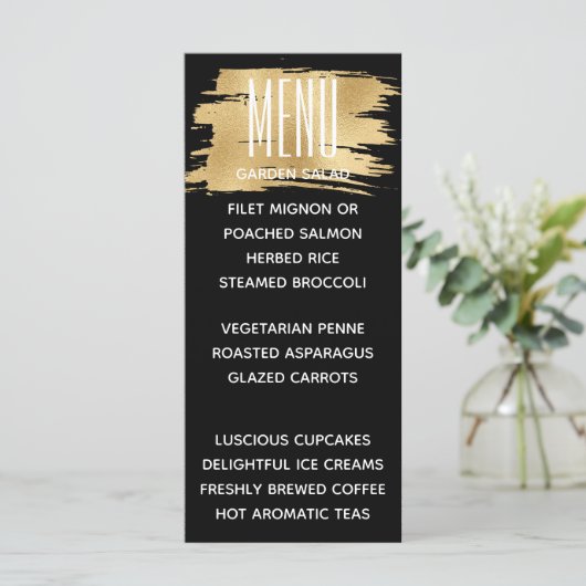 Bruiloft Menu Kaart Elegant Goud en Zwart (Staand voorkant)