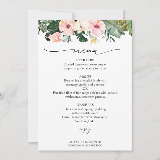 Bruiloft Menu Kaart Palmbladeren Hibiscus Tropisch (Voorkant)