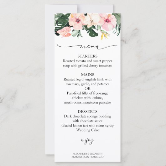 Bruiloft Menu Kaart Palmbladeren Hibiscus Tropisch (Voorkant)