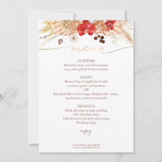 Bruiloft Menu Kaart vergulde Waterverf Boho Floral (Voorkant)
