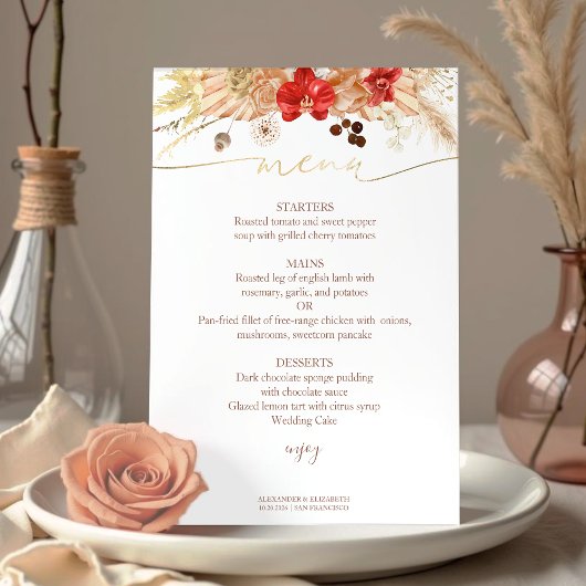 Bruiloft Menu Kaart vergulde Waterverf Boho Floral
