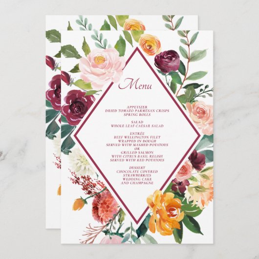 Bruiloft Menu Kaarten met Herfstbloemen en Wijnroo (Voorkant / Achterkant)