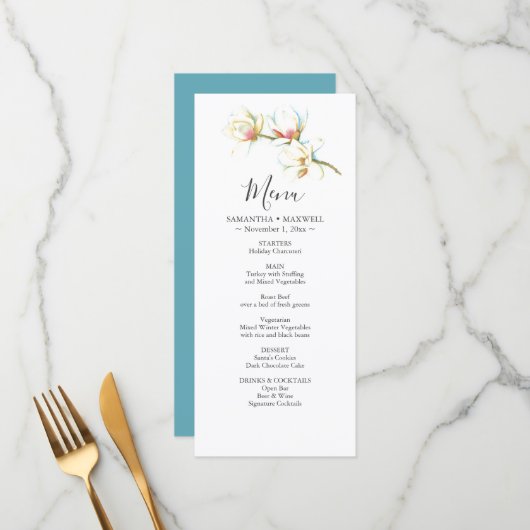 Bruiloft Menu Kaarten Waterverf Witte Bloemen (Voorkant / Achterkant in situ)