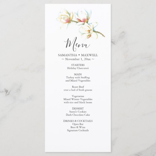 Bruiloft Menu Kaarten Waterverf Witte Bloemen (Voorkant)