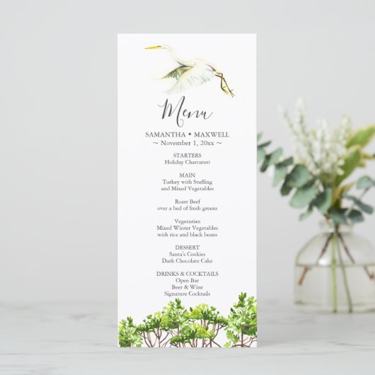 Bruiloft Menu Kaarten Waterverf Witte Heron (Staand voorkant)