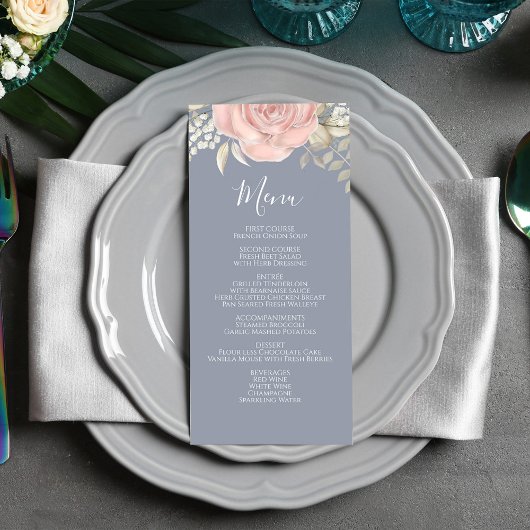 Bruiloft Menu Kalligrafie Script Roze Bloemen