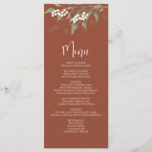 Bruiloft Menu Kalligrafie Terracotta Bloemen (Voorkant)