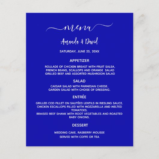 Bruiloft Menu koninklijk blauw wit budget (Voorkant)