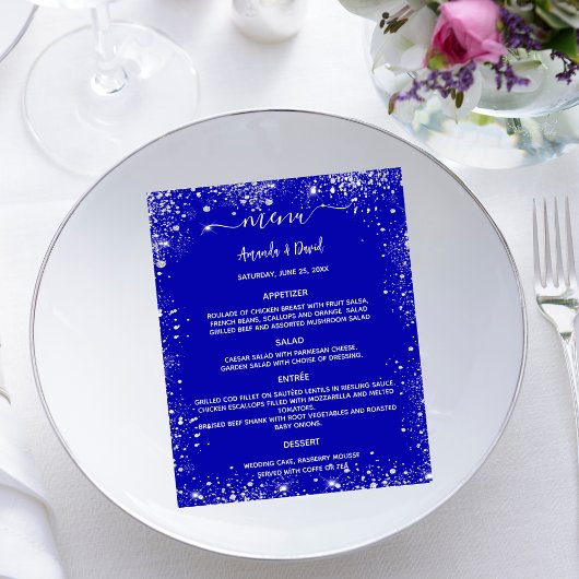 Bruiloft Menu koninklijk blauw zilver glitter