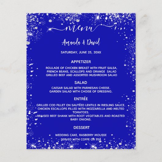Bruiloft Menu koninklijk blauw zilver glitter (Voorkant)