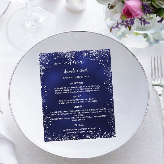 Bruiloft Menu marine blauw wit glitter