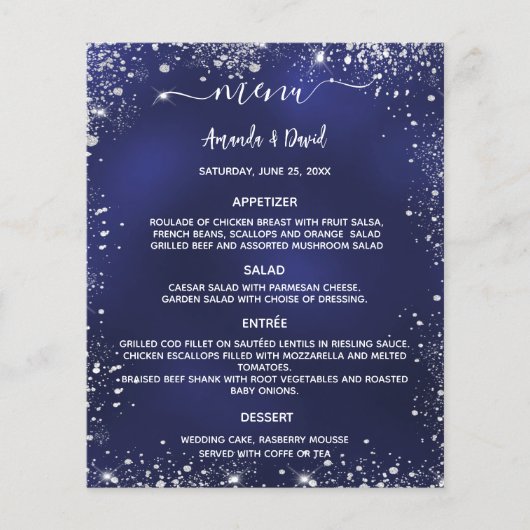 Bruiloft Menu marine blauw wit glitter (Voorkant)
