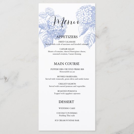 Bruiloft Menu met Blue Hydrangea (Voorkant)