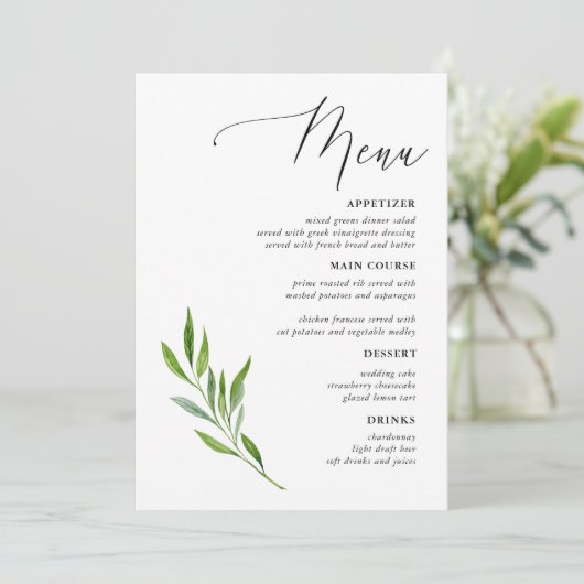Bruiloft Menu met Landelijke Calligrafie en Groene (Staand voorkant)