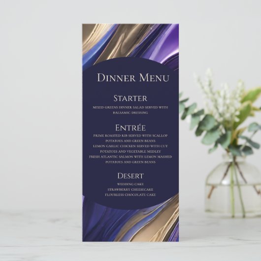 Bruiloft Menu-Modern Abstract Blauw Paarse Goud- Menu (Staand voorkant)
