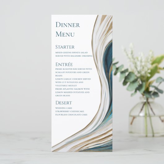 Bruiloft Menu-Modern -Blauw en Goud- Menu (Staand voorkant)