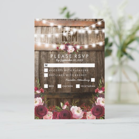 Bruiloft Menu Optie RSVP met Rustieke Bourgondië B (Staand voorkant)