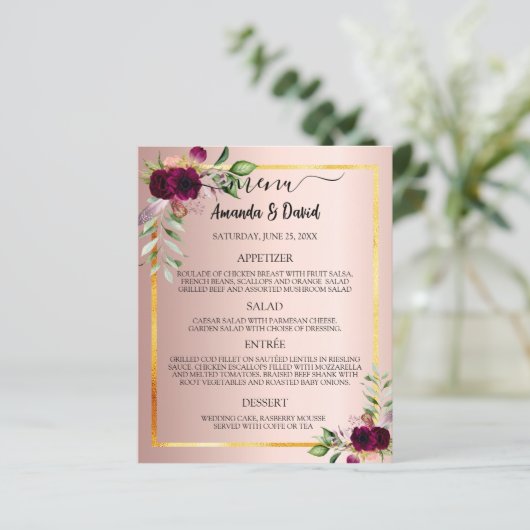 Bruiloft Menu Programma florals bordeaux roos goud (Staand voorkant)