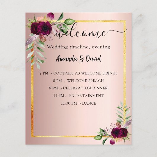 Bruiloft Menu Programma roos gouden bloemen budget (Achterkant)