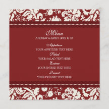Bruiloft Menu Rood Bloemen Damask