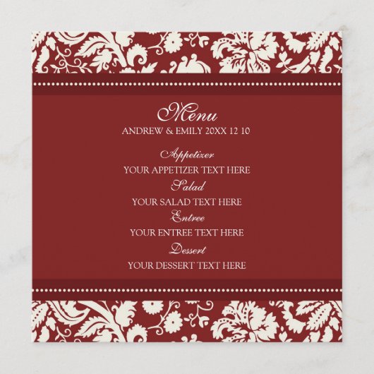 Bruiloft Menu Rood Bloemen Damask (Voorkant)