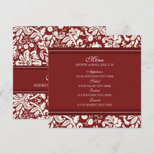 Bruiloft Menu Rood Bloemen Damask (Voorkant / Achterkant)