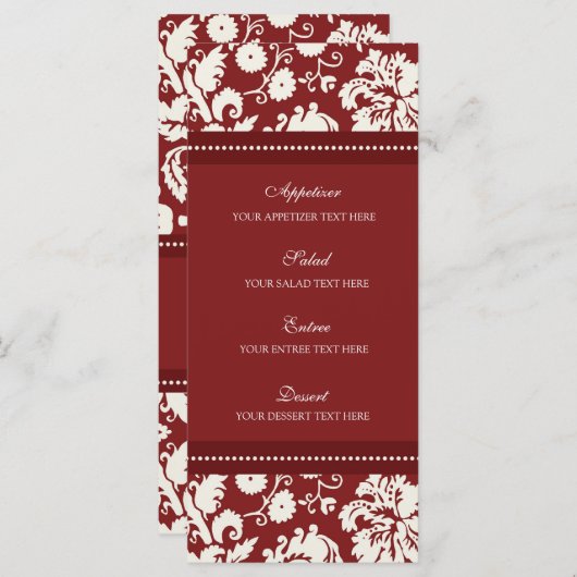 Bruiloft Menu Rood Bloemen Damask (Voorkant / Achterkant)