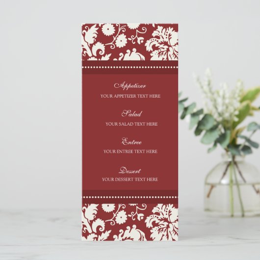 Bruiloft Menu Rood Bloemen Damask (Staand voorkant)