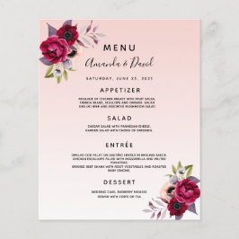 Bruiloft Menu roos gouden bordeaux bloemen