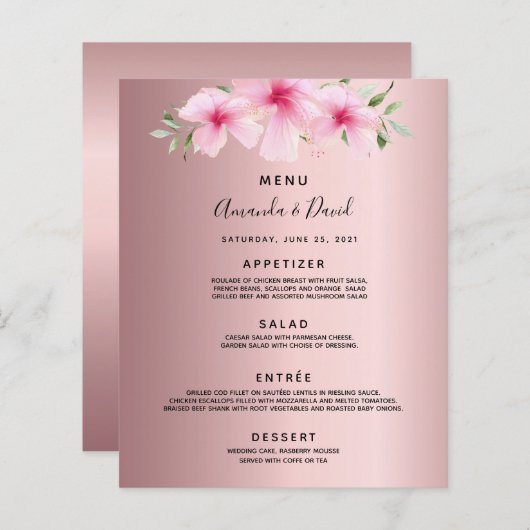 Bruiloft Menu roze bloemetjes stoffig roos (Voorkant / Achterkant)