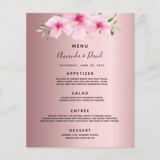Bruiloft Menu roze bloemetjes stoffig roos (Voorkant)