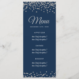 Bruiloft Menu Silver Faux Glitter Confetti Navy
