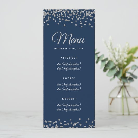 Bruiloft Menu Silver Faux Glitter Confetti Navy (Staand voorkant)