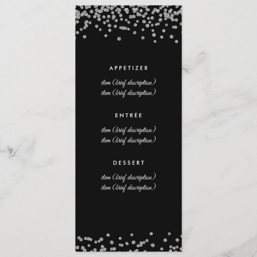 Bruiloft Menu Silver Faux Glitter Confetti Zwart (Voorkant)