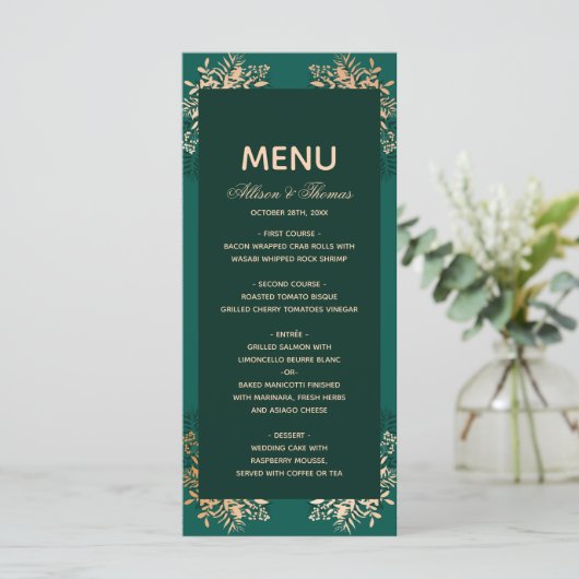 Bruiloft Menu Smaragd gouden kruid (Staand voorkant)