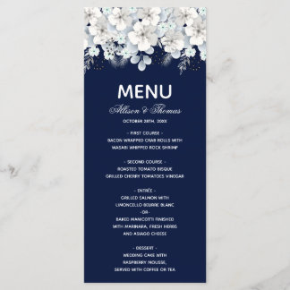 Bruiloft Menu witte bloem sakura marine blauw