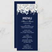 Bruiloft Menu witte bloem sakura marine blauw (Voorkant / Achterkant)