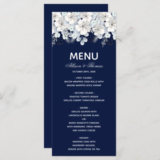 Bruiloft Menu witte bloem sakura marine blauw (Voorkant / Achterkant)