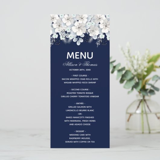 Bruiloft Menu witte bloem sakura marine blauw (Staand voorkant)