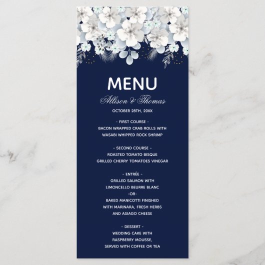 Bruiloft Menu witte bloem sakura marine blauw (Voorkant)