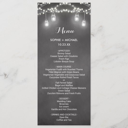 Bruiloft Menu Zwart Wit String Lights (Voorkant)