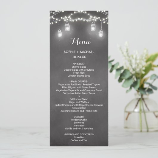 Bruiloft Menu Zwart Wit String Lights (Staand voorkant)