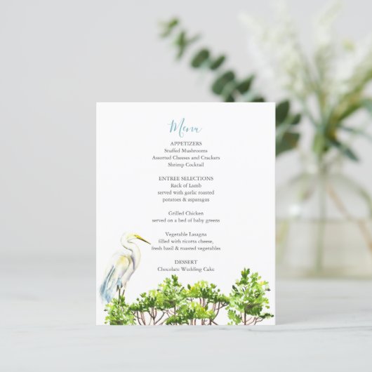 Bruiloft menu's Elegante grote witte heron mangrov (Staand voorkant)