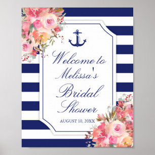 Bruiloft met bloemen en anker in blauwe strepen poster