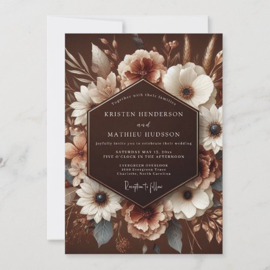 Bruiloft met bruine bloemen oogst kaart (Voorkant)